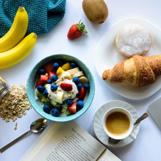breakfast foods with boat of porridge