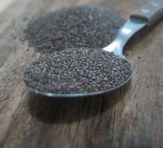 black chia seeds on a spoon