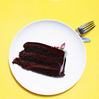 slice of chocolate cake on white plate o yellow background with fork