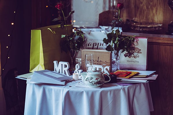 wedding gift table with presents and cards