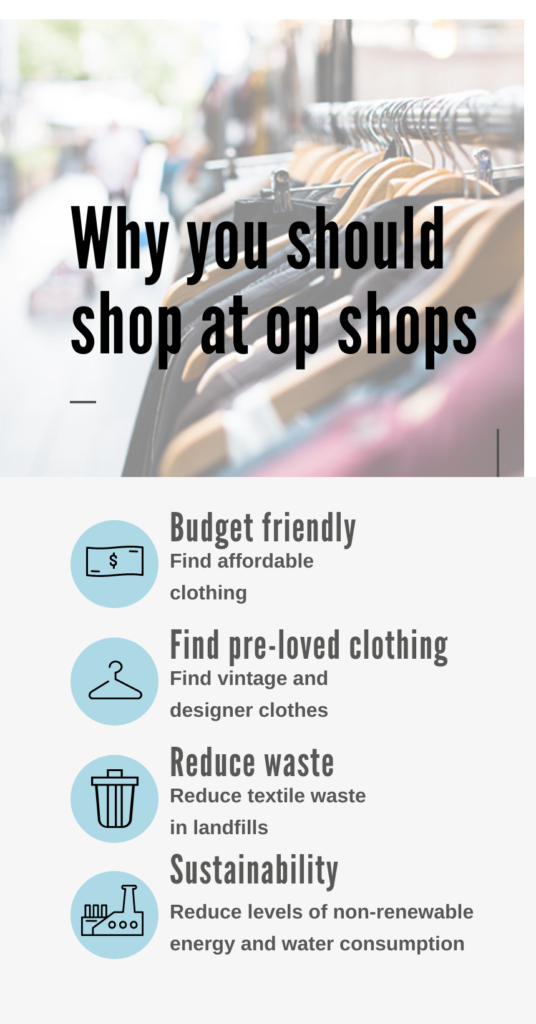 infographic why you should shop at op shops with image of clothing rack
